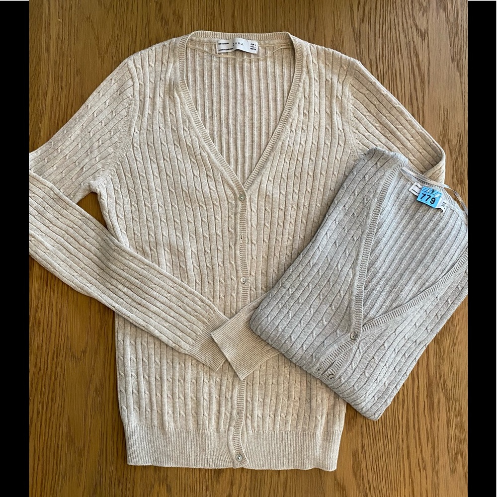 Wheat and gray knit cardigans